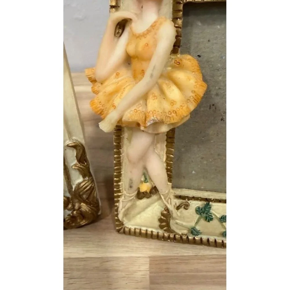2 Yellow Rose Gold Accent Ballerina Vintage Stand Picture Frames 4 1/4